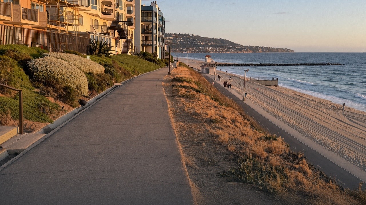 South Bay Strand at golden hour looking toward Palos Verdes
